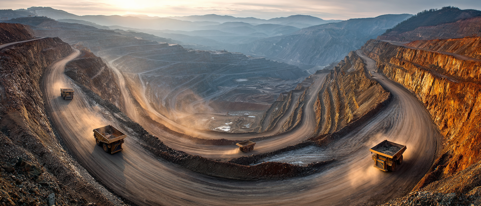 Vista aérea de camiones de extracción en una mina de cobre, contexto para analizar el costo del tiempo inactivo de bombas de lodos