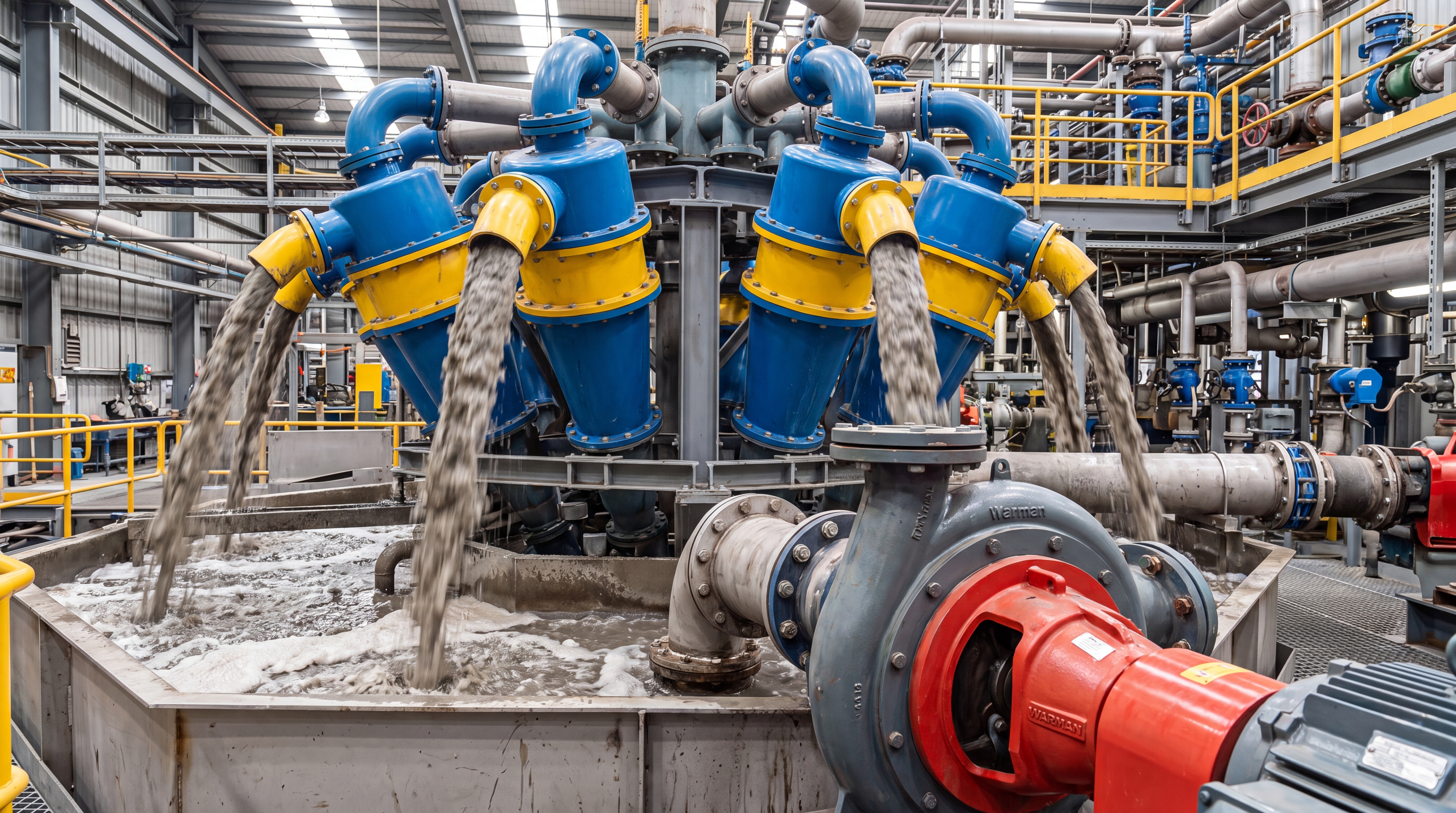 Banc d'hydrocyclones en circuit de classification dans une usine de traitement de minerai