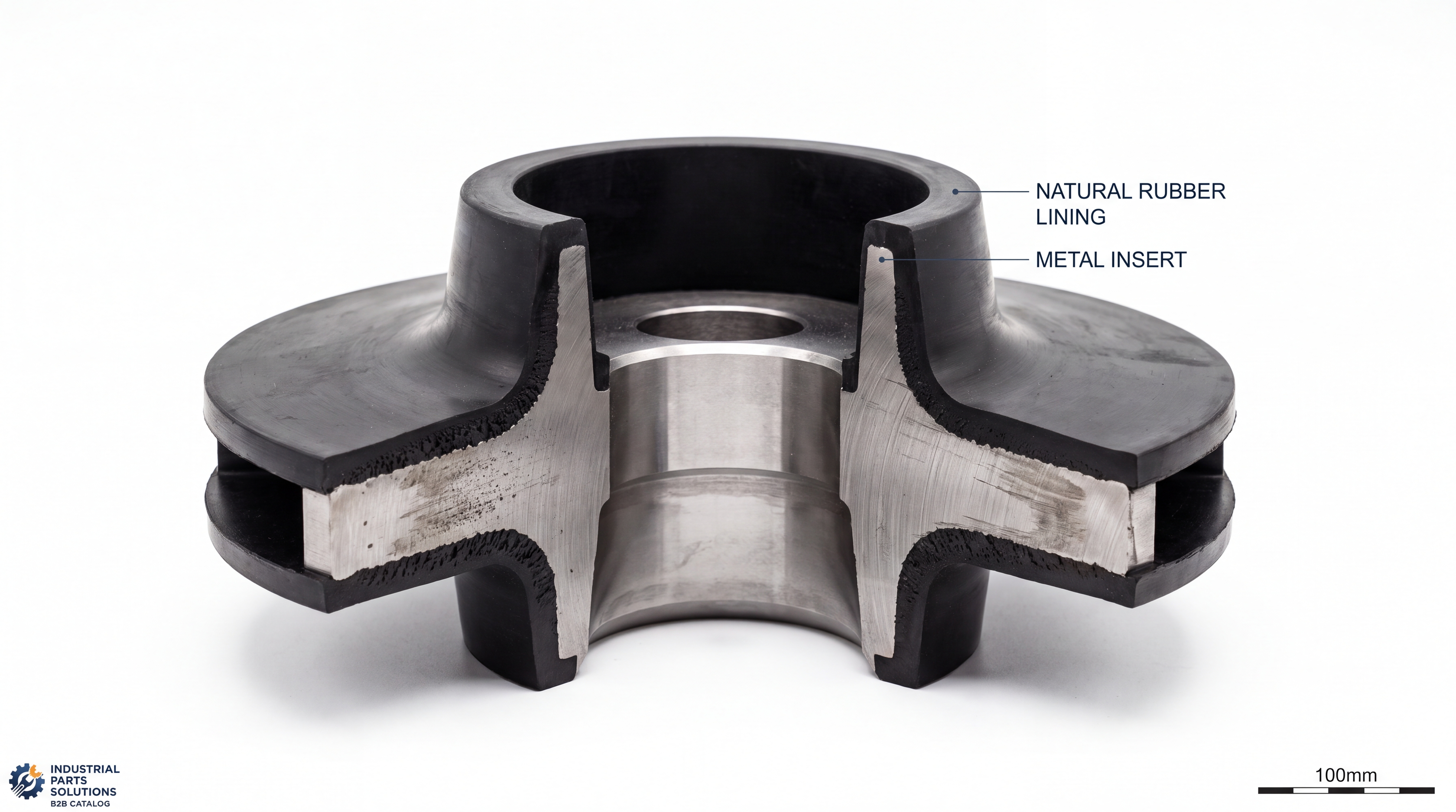 Coupe d'un impulseur en fonte à haute teneur en chrome montrant la structure granulaire typique des fontes A05 et A07